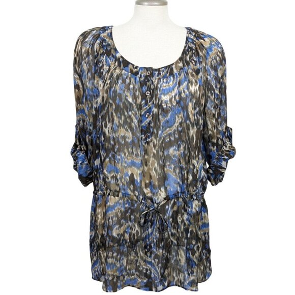 Tabi Sheer Top Blouse Womens XL Brown Blue Moody Abstract Print Drawstring Waist - Picture 1 of 3